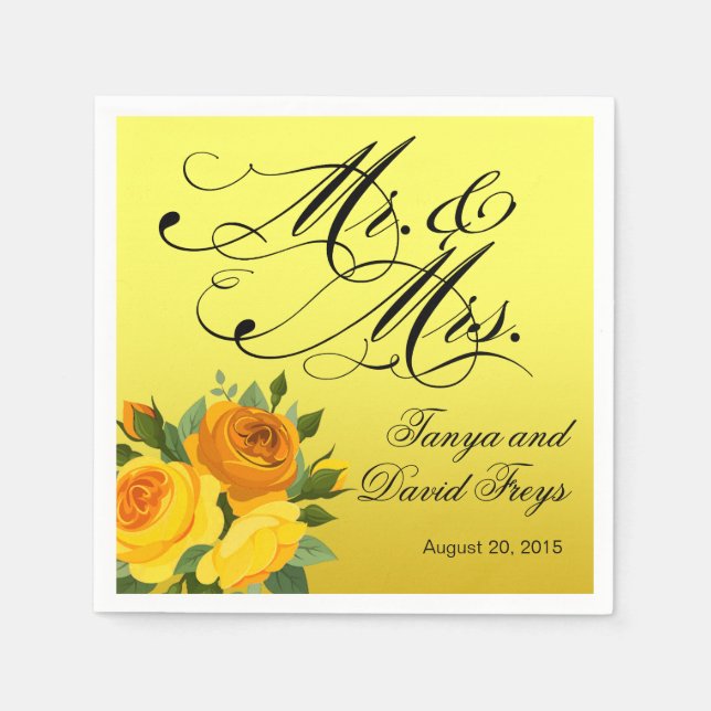 Mr. & Mrs. Script Typography Roses Floral yellow Napkin (Front)