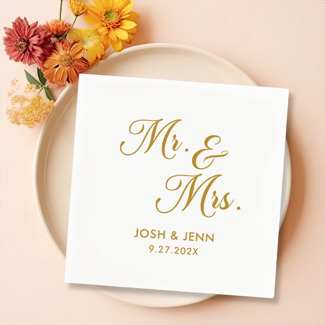 Mr. & Mrs. Simple Script Gold Wedding Napkins (Creator Uploaded)