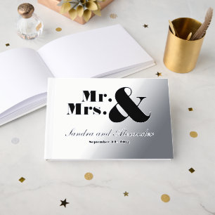 Mr Mrs Simple Silver Foil White Script Wedding Guest Book