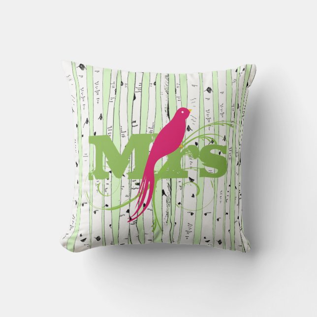Mr Mrs Spring Green and Fuchsia Birch Tree Bird Cushion (Front)