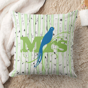 Mr Mrs Spring Green and Royal Blue Birch Tree Bird Cushion