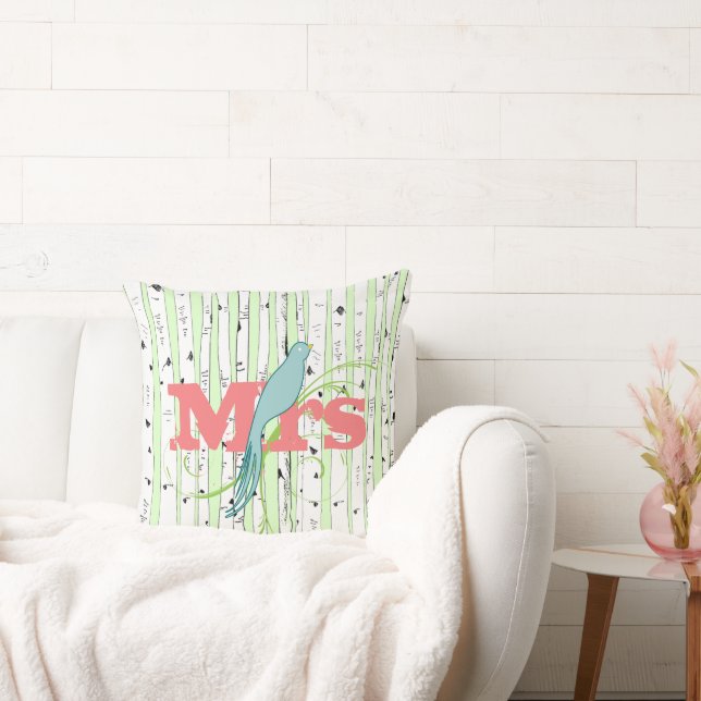 Mr Mrs Spring Green, Peach Aqua Birch Tree Pillow (Couch)