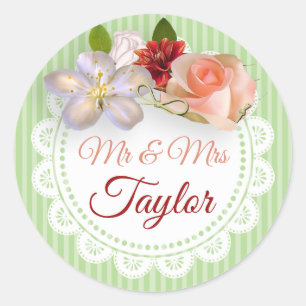 Mr & Mrs Stickers Sage Green  and Coral Floral