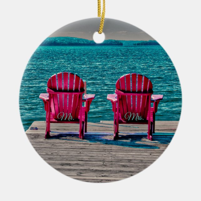 Mr Mrs Teal Beach Adirondack Chairs Rustic Wedding Ceramic Tree Decoration (Front)