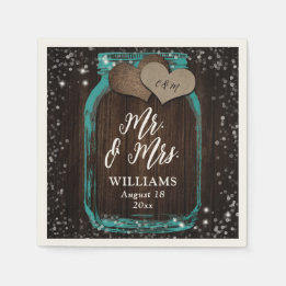 Mr. & Mrs. Teal Rustic Wood Mason Jar Wedding Napkin