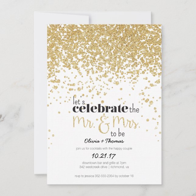 Mr. & Mrs. to be Gold Glitter Engagement Invite (Front)
