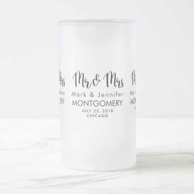 Mr. & Mrs. Trendy Calligraphy Font Wedding Frosted Glass Beer Mug (Center)