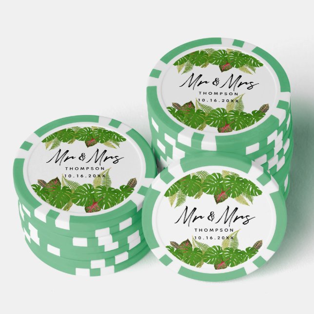 Mr. & Mrs. Tropical Leaves Script Wedding Favour Poker Chips (Stack)