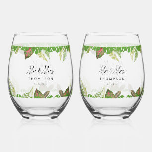 Mr. & Mrs. Tropical Leaves Script Wedding Gift Stemless Wine Glass