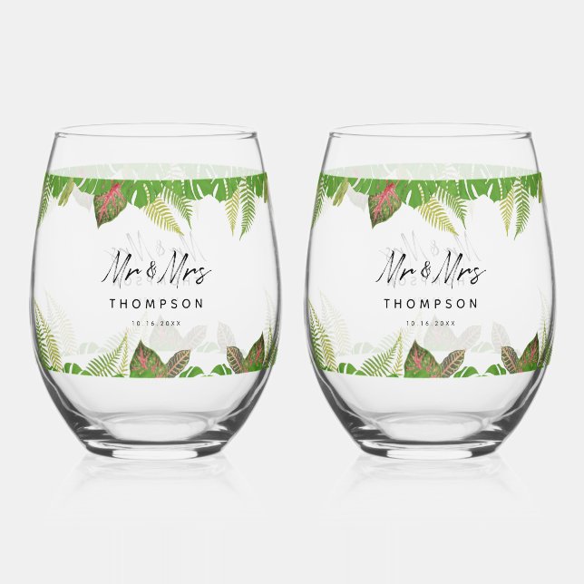 Mr. & Mrs. Tropical Leaves Script Wedding Gift Stemless Wine Glass (Front)