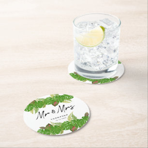 Mr. & Mrs. Tropical Leaves Script Wedding Round Paper Coaster