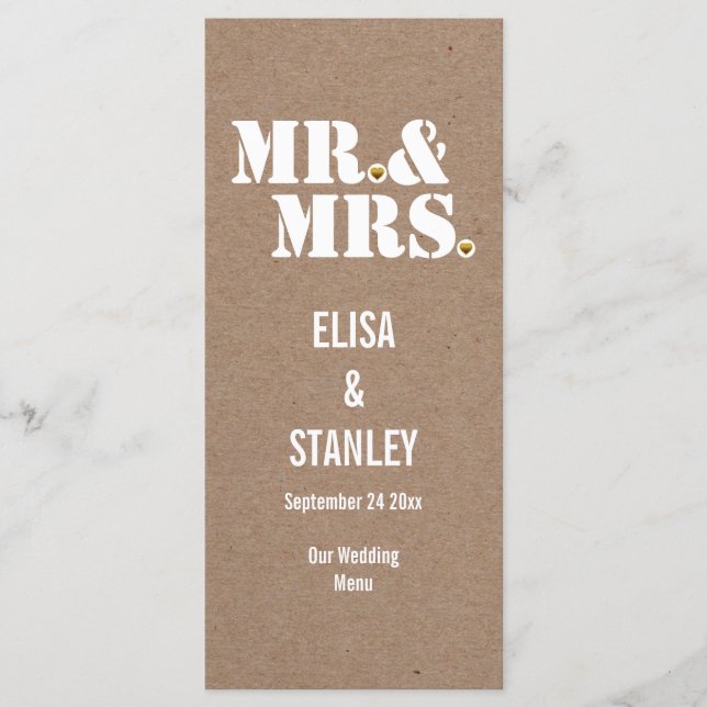Mr & Mrs typography kraft paper wedding menu card (Front)
