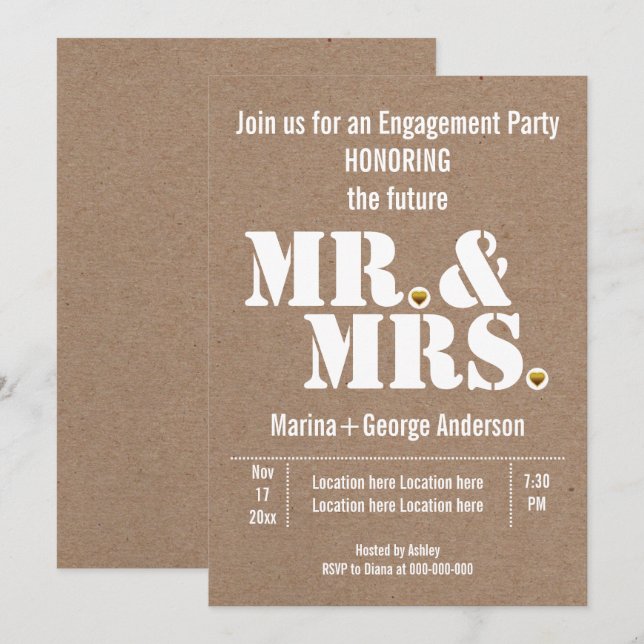 Mr & Mrs typography kraft wedding engagement party Invitation (Front/Back)