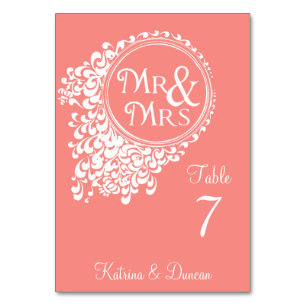 Mr & Mrs Vintage Coral Personalised Table Card