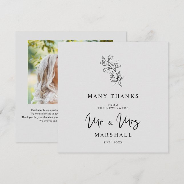 MR & MRS Wedding Black Fancy Minimalist Branches  Thank You Card (Front/Back)