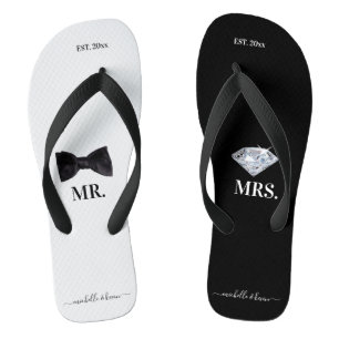 Mr. & Mrs. Wedding Black & White Flip Flops