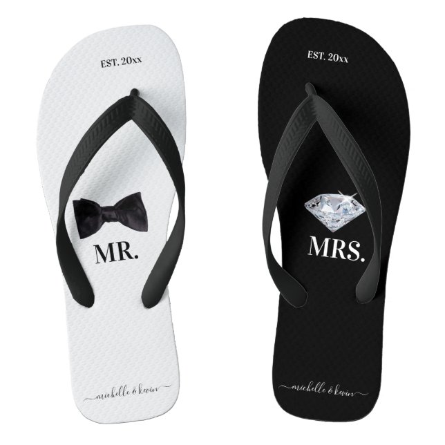 Mr. & Mrs. Wedding Black & White Flip Flops (Footbed)