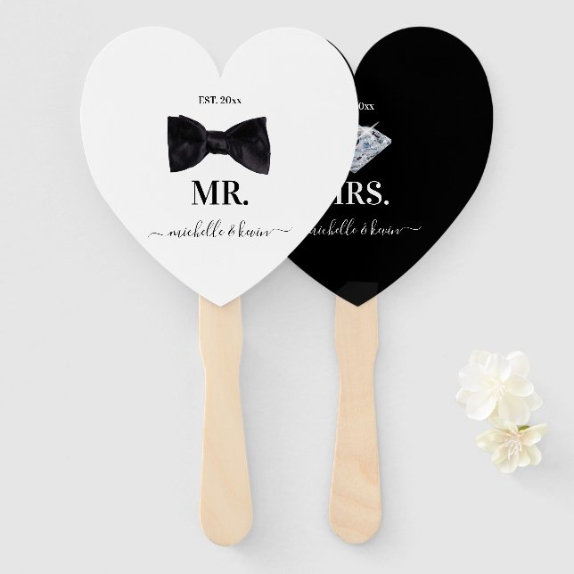 Mr. & Mrs. Wedding Black & White Hand Fan (Front and Back)