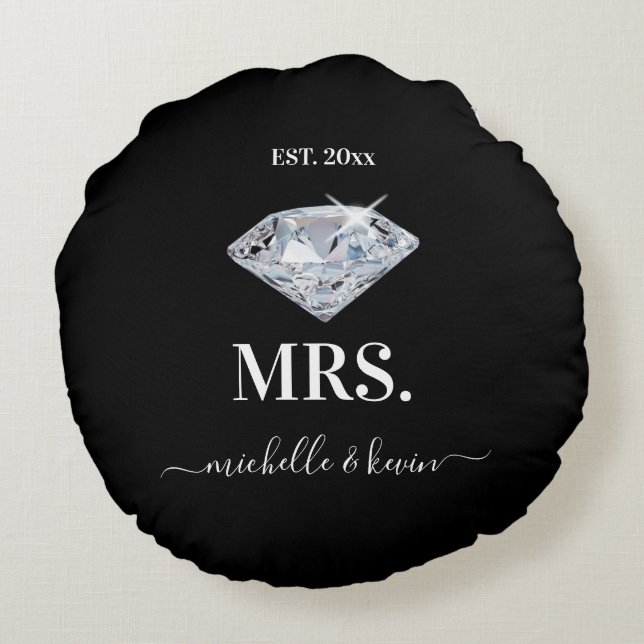 Mr. & Mrs. Wedding Black & White Round Cushion (Back)