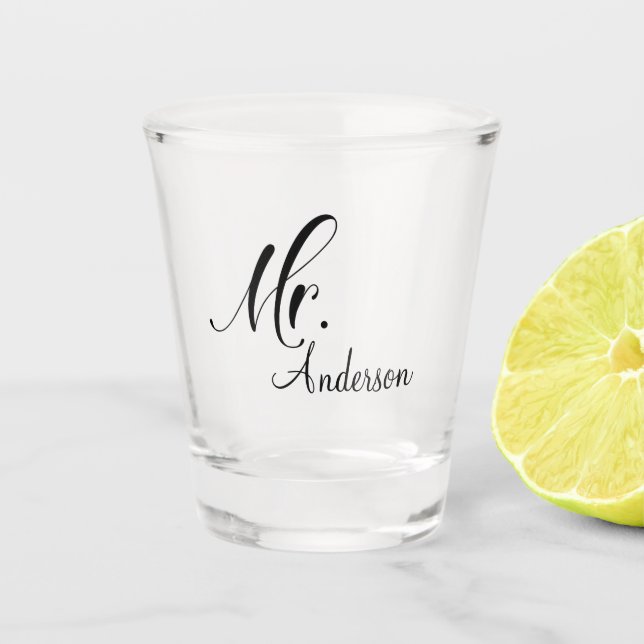 Mr. Mrs Wedding Couple Script Add Name Shot Glass (Front)