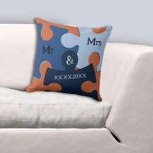 Mr & Mrs Wedding Date Blue & Orange Puzzle Pieces