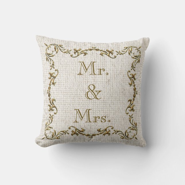 Mr. & Mrs. & Wedding Date Gold Border Linen Pillow (Front)