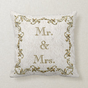 Mr. & Mrs. & Wedding Date Gold Border Linen Pillow