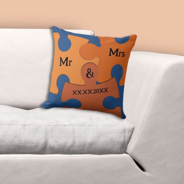 Mr & Mrs Wedding Date Orange & Blue Jigsaw Pieces Cushion (Mr & Mrs Wedding Date Orange & Blue Jigsaw Pieces Throw Pillow)