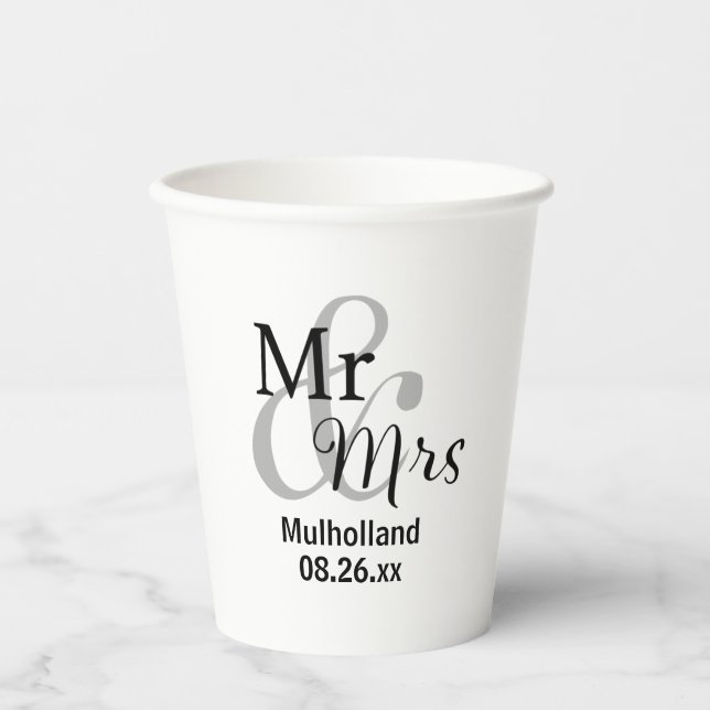 Mr & Mrs Wedding Date with Bride & Groom Names  Paper Cups (Front)