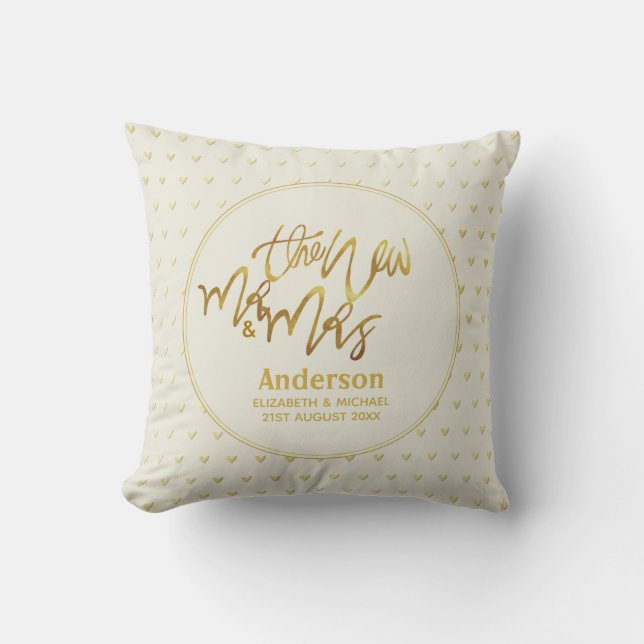 Mr & Mrs Wedding Decor Gift Gold Love Hearts Cushion (Front)