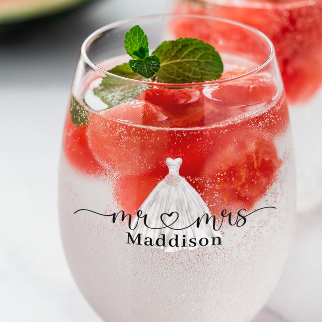 Mr❤️Mrs Wedding Dress Pink Bouquet  Stemless Wine Glass (Creator Uploaded)