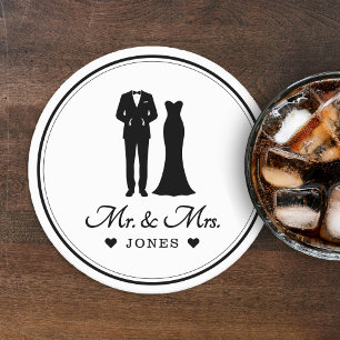 Mr & Mrs Wedding Dress Tuxedo Newlywed Couple Round Paper Coaster