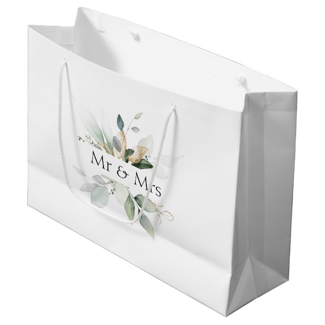 Mr & Mrs Wedding Elegant Greenery Gift Bag (Front Angled)