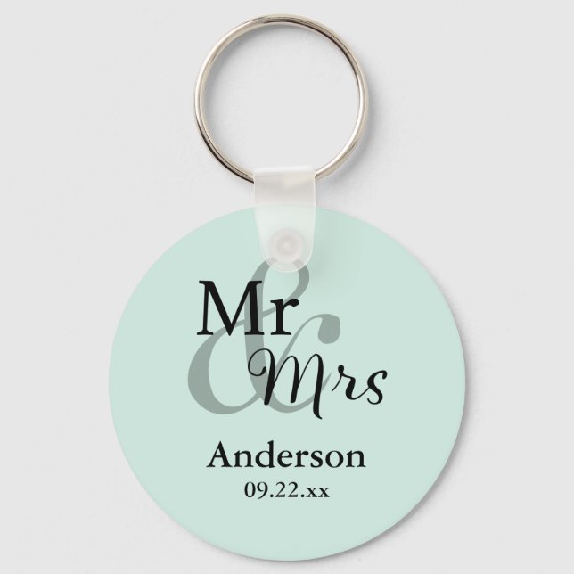Mr & Mrs Wedding Favour Keyring Name/Date (mint) (Front)