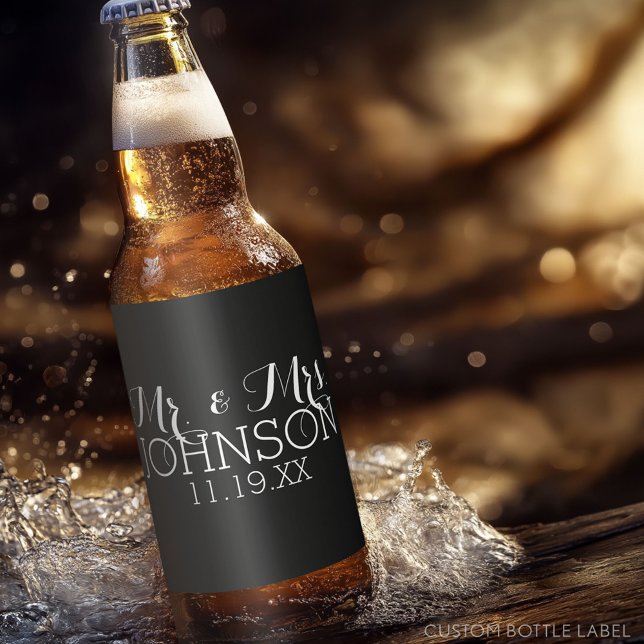 Mr & Mrs Wedding Favour - Minimalist Black White Beer Bottle Label (Custom Beer Bottle Label)