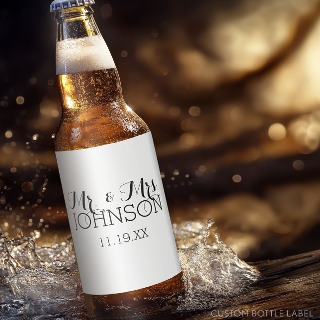 Mr & Mrs Wedding Favour - Minimalist Black White Beer Bottle Label (Custom Party Beer Label - Wedding Anniversary)