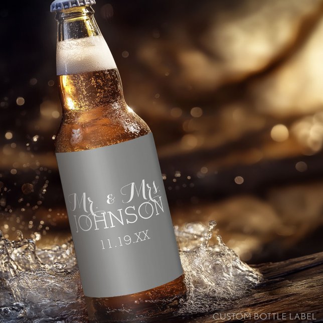 Mr & Mrs Wedding Favour - Minimalist Grey Beer Bottle Label (Custom Party Beer Label - Wedding Anniversary)