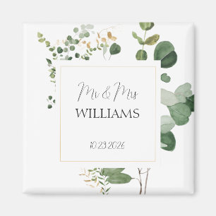 Mr & Mrs Wedding Greenery Gold Magnet Favor