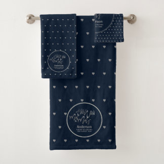 Mr & Mrs Wedding Navy Blue Silver Love Hearts Bath Towel Set