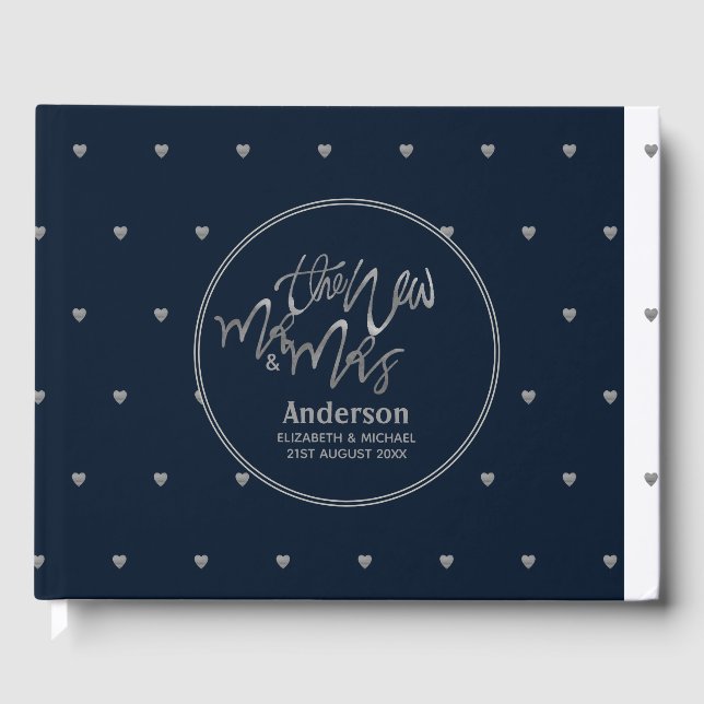 Mr & Mrs Wedding Navy Blue Silver Love Hearts Guest Book (Front)