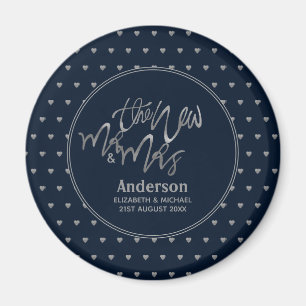 Mr & Mrs Wedding Navy Blue Silver Love Hearts Magnet