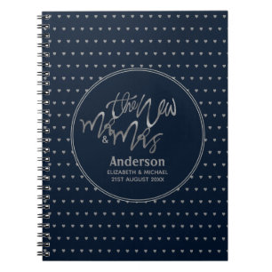 Mr & Mrs Wedding Navy Blue Silver Love Hearts Notebook