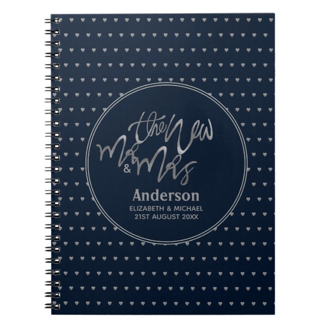 Mr & Mrs Wedding Navy Blue Silver Love Hearts Notebook (Front)
