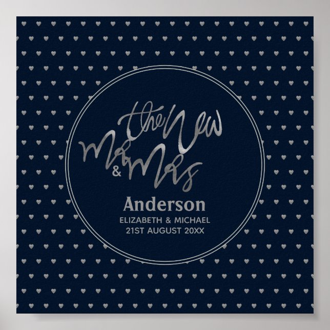 Mr & Mrs Wedding Navy Blue Silver Love Hearts Poster (Front)