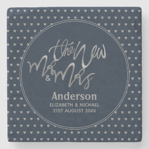 Mr & Mrs Wedding Navy Blue Silver Love Hearts Stone Coaster