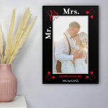 Mr. & Mrs. Wedding Photo Date Black and Red Acrylic Print<br><div class="desc">Beautiful memory acrylic photo print commemorating your special wedding day or anniversary. Simply replace the sample photo with your own favourite of portrait orientation and of high resolution. Name with date at the bottom. You can change the colour of this text, background and hearts if necessary to better suit your...</div>