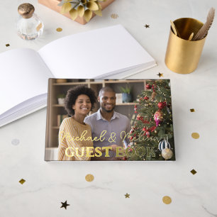 Mr & Mrs Wedding Photo Elegant Script Gold  Guest Book