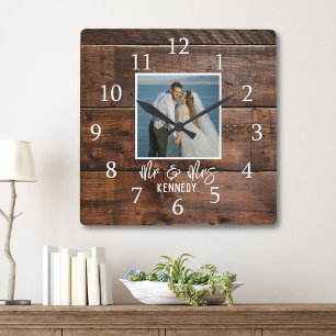 Mr & Mrs Wedding Photo Rustic Farmhouse Dark Wood Square Wall Clock