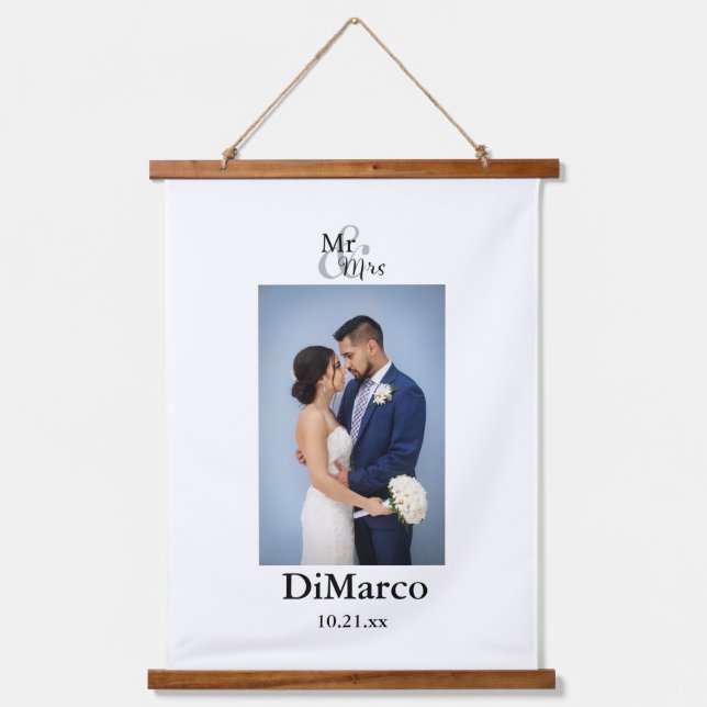 Mr & Mrs Wedding Photo with Name & Date Hanging Tapestry (Front)