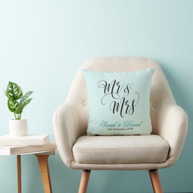 Mr & Mrs Wedding Pillow Keepsake Gift blue green  (Chair)